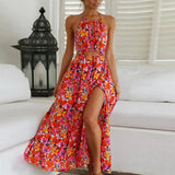 Bjlxn Summer 2024 European And American Women's Halter Red Print Sexy Halter Waist Swing Beach Dress