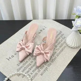 Bjlxn Fairy Style Pink Cool Slippers for Women's Summer 2024 French Pointed Bow Hollow High Heels, Half Wrapped Women's Slippers