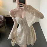 Bjlxn Sexy Lace Mini Dresses for Women Flare Sleeve Square Collar Corset Slim A-line Wedding Birthday Party Dress Y2K Prom Vestidos