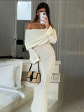 Bjlxn - Knit Hollow Out Off-Shoulder Maxi Dress Female Cover up Loose Long Sleeve Holiday Beach Party Dress Women Knitwear Dress