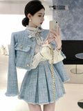 Bjlxn High Quality Tassel Design 2-Piece Sets Women Tweed Autumn New Solid Outfits Long Sleeve Short Jacket Coat + Pleated Skirt Suits