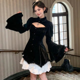 Bjlxn Y2K Gothic Black Mini Dresses Women Flare Sleeve O-neck Hollow Out Ruffles Patchwork A-line Korean Chic Party Dress Autumn New