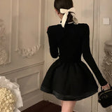 Bjlxn Elegant Knitted Short Dresses for Women  Half High Collar Long Sleeve Ruffles A-line Korean Fashion Autumn New Y2K Solid Vestido