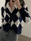 Japanese School Uniform Ladies Sweaters Cute Top Argyle Cropped Cardigan V Neck Preppy Style Knit Sweater Pull Femme