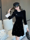 Bjlxn Woman Spring Summer New Elegant Velvet Mini A-line Dresses Long Sleeve  Party  Fashion One Piece Robe