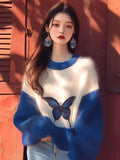 Bjlxn Lazy Style Contrasting Color Klein Blue Soft Women's Sweater Autumn Winter Loose Korean Version Butterfly Printed Top for Women