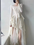 Bjlxn French Vintage Irregular Fairy Dress Spring Long Sleeve Lace Up Spliced Birthday Party Vestidos Women Clothing