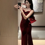 Bjlxn Vintage Sexy Club Prom Red Dresses for Women Spaghetti Strap Slit Velvet Dress Beach Bandage Bodycon Midi Dress Party Elegant