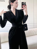 Bjlxn Women Spring New Elegant Long Sleeve Vintage Velvet Bodycon Jumpsuit Office Lady Casual Slim Clothing