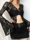 Bjlxn Mall Goth Lace T-shirt Women Aesthetic Sexy See Through V-neck Flare Sleeve Crop Tee Tops Emo Alternative Indie Clothes