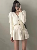 Bjlxn Casual Knitted 2 Piece Set Single Breasted V-neck Top + High Waist Mini Pleated Skirt Autumn Spring Korean Fashion Solid Outfits