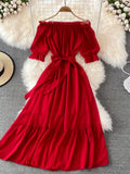 Bjlxn Beach Dress Women Sexy Off The Shoulder Slash Beach Chiffon Dresses Ladies Elegant A Line Bandage Party Dress Long Robe