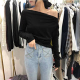 2023 Slim White Tshirt Black Red Woman T-shirt Sexy Plain Clothing Off Shoulder Top for Women Aesthetic Korea Stylish Funny Tee