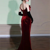 Bjlxn Velvet toasting dress with strap Wine red Rose Fish Tail Banquet small train