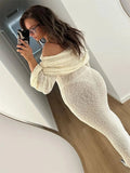 Bjlxn - Knit Hollow Out Off-Shoulder Maxi Dress Female Cover up Loose Long Sleeve Holiday Beach Party Dress Women Knitwear Dress