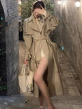 Bjlxn Autumn Winter Khaki Long Trench Coat for Women 2024 Jacket Elegant Outerwear Turn-down Collar Tie Belt Korean Chic Windbreaker