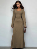 Bjlxn Scoop Neck Lace-Up Ribbed Maxi Dress Female Long Sleeve Fashion Slim Loose Bandage Dress Autumn Solid Women Dress New