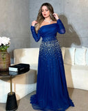 Long Sleeves Formal Luxury Evening Dresses Floor Length Pleated Party Dress Blue Saudi Arabia Women Sequins Beaded Prom Dresses