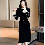 Bjlxn Woman Winter Spring New Elegant Velvet Patchwork Midi Slim Dresses Lady Party Prom Fashion One Piece Clothes