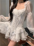 Bjlxn Y2K White Short Dresses for Women Long Sleeves Square Collar Lace-up Corset French Vintage Ruffles A-line Party Dress Vestidos