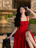 French Elegant White Strap Midi Dress 2024 Summer New Casual Evening Party Dress Women Beach Sleeveless Lace-up Red Dress Korean