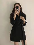 Bjlxn Women Korean Elegant Blazers With Belt Spring Vintage Notched Lapel Slim Solid Outerwear Office Lady Casual Coats Mujer Clothes