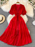 Bjlxn New Women Vintage Party Dress Summer Puff Sleeve Sexy V Neck Lace Single-breasted Long Dresses Ladies A Line Elegant Long Robe