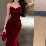 Bjlxn Vintage Sexy Club Prom Red Dresses for Women Spaghetti Strap Slit Velvet Dress Beach Bandage Bodycon Midi Dress Party Elegant