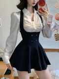 Bjlxn Y2K 3 Piece Set Women Cropped Coat + Long Sleeve Shirt + High Waist Halter Ruffles Mini Dress Korean Chic Fashion Sexy Outfits