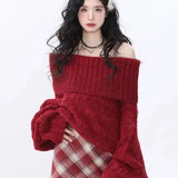 Bjlxn Lazy Style One Shoulder Sweater Knitted Sweater for Women in Autumn and Winter Loose and Versatile Long Sleeved Top