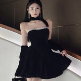 Bjlxn French Vintage Strapless Mini Dresses Women Lace Patchwork A-line Evening Party Dress Korean Fashion Y2K Mini Vestidos Mujer