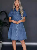 Bjlxn Summer Women Lapel Casual Denim Dress Sexy High Waist Single Breasted Button Short Sleeve Mini Dress