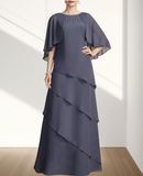 A-Line Mother of the Bride Dress Wedding Guest Elegant Floor Length Chiffon 3/4 Length Sleeve  with Cascading Ruffles 2024