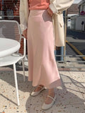 Bjlxn Summer Spring Women Elegant High Waist Satin Skirt Female Casual A-Line Midi Silk Fashion Skirt