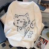 Bjlxn White Pullovers Cartoon Cat Print Jacquard Weave Knitted Sweater Korean Winter Women Designer Loose Cute Knitwear Jumpers Teens