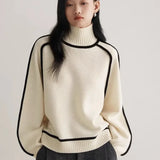 Bjlxn 2024 Autumn/Winter New Loose Fit Turtleneck Pullover Sweater for Women, Striped Academy Style, Korean and Japanese Fashion