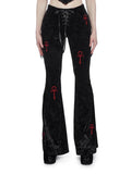 Bjlxn Mall Gothic Velvet Flare Pants Women Streetwear Harajuku Cross Embroidery High Waist Pants Aesthetic Y2k Punk Trousers