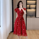 Bjlxn New Fashion Elegant Women V Neck Dress New French Summer Red Short Sleeve Lace Up Slim Waist Office Ladies A Line Vestidos