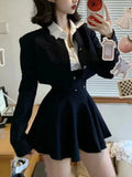 Bjlxn Y2K 3 Piece Set Women Cropped Coat + Long Sleeve Shirt + High Waist Halter Ruffles Mini Dress Korean Chic Fashion Sexy Outfits