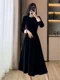 Bjlxn Woman Spring Summer New Elegant Velvet Patchwork Midi A-line Dresses Office Lady Long Sleeve Party Fashion One Piece Robe