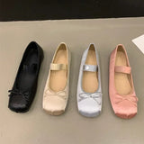 Bjlxn Luxury Satin Silk Ballet Shoes Woman Classic Square Toe Bowtie Elastic Band Ballerina Flats Ladies Soft Loafers