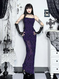 Bjlxn Vintage Elegant Purple Flocking Dress Women Dark Gothic Aesthetic Strapless Bodycon Dress Sexy Evening Party Dress Femme