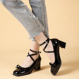 Bjlxn Black Retro Cross-Tie Pumps Casual Summer Round Toe Shoes Ladies Sweet Fashion Shoes Woman Bow Design