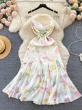 Bjlxn French Elegant Beach Dress 2024 New Women Sexy Floral Printed Slim Mid Length Ruffled Party Dresses Ladies Summer Long Robe