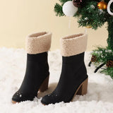 Bjlxn Winter Boots for Women Comfortable Side Zipper Mid Chunky Heel Suede Warm Fur Snow Ankle Boot Outdoor Party Shoes