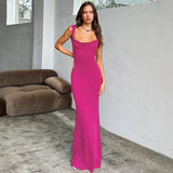 Elegant Open Back Bow Detail Maxi Dress Robes Party Club Outfits for Women Sexy Draped Long Dresses Vestido Solid