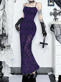 Bjlxn Vintage Elegant Purple Flocking Dress Women Dark Gothic Aesthetic Strapless Bodycon Dress Sexy Evening Party Dress Femme