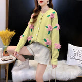 Bjlxn Sweater Female Spring and Autumn Knitwear Women Heavy Industry Rose Blossom Embroidery Contrast Sweater Coat Cardigan