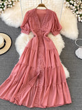 Bjlxn New Women Vintage Party Dress Summer Puff Sleeve Sexy V Neck Lace Single-breasted Long Dresses Ladies A Line Elegant Long Robe