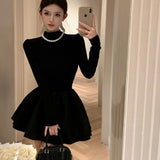 Bjlxn Elegant Knitted Short Dresses for Women  Half High Collar Long Sleeve Ruffles A-line Korean Fashion Autumn New Y2K Solid Vestido